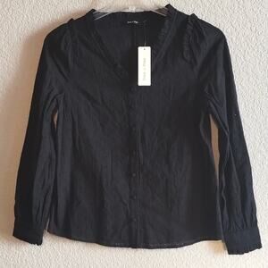 Anthropologie NEW Doe & Rae Black Eyelet Lace Puff Sleeve Covered Button Blouse